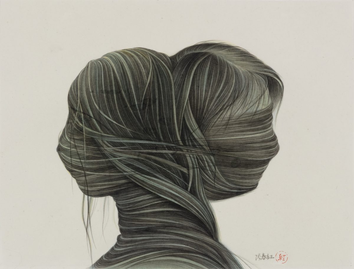 A detailed back-view portrait rendered in graphite and ink shows a figure with long, voluminous hair styled in a distinctive double-bun arrangement. Fine, parallel lines create intricate texture and dimension throughout the hair and neck, while loose strands frame the composition. The minimalist background contrasts with the meticulous linework of the figure.