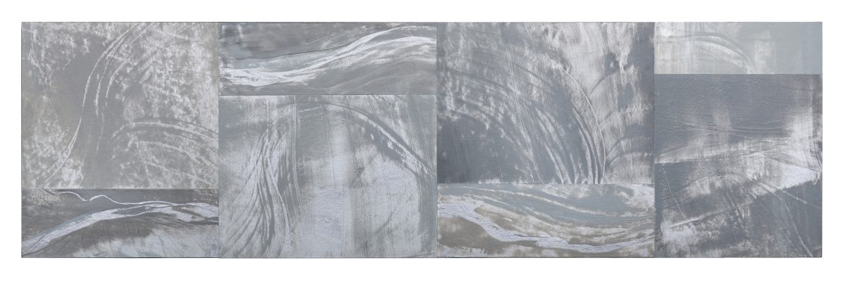 A multi-panel horizontal composition in grayscale featuring flowing, organic forms with swirling patterns and curved lines suggesting water or landscape. The panels show layered, translucent textures with areas of white, gray, and dark tones creating a sense of movement and depth across the surface.