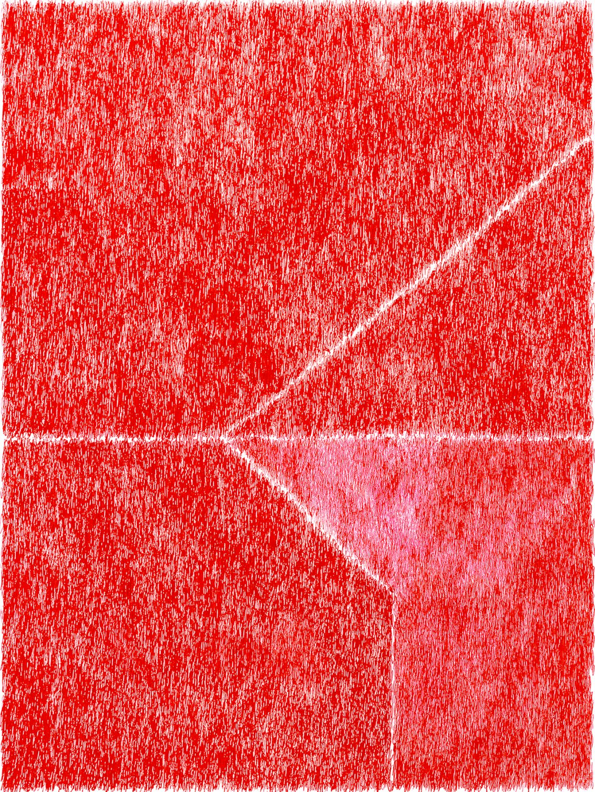 A dense, textured composition in shades of red and pink, dominated by vertical and diagonal line work that creates a scratched, layered surface. Lighter geometric shapes—triangular and angular forms—emerge from the darker red background, creating a sense of depth and movement across the work.