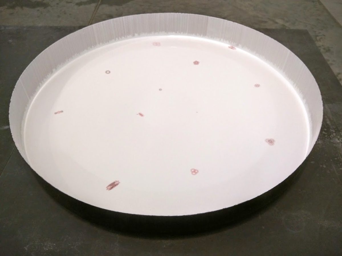 A large white circular bowl with a ribbed rim contains a subtle scatter of small red and gray marks distributed across its interior surface. The marks appear algorithmic or randomly placed, creating a minimalist composition against the pristine white ground.