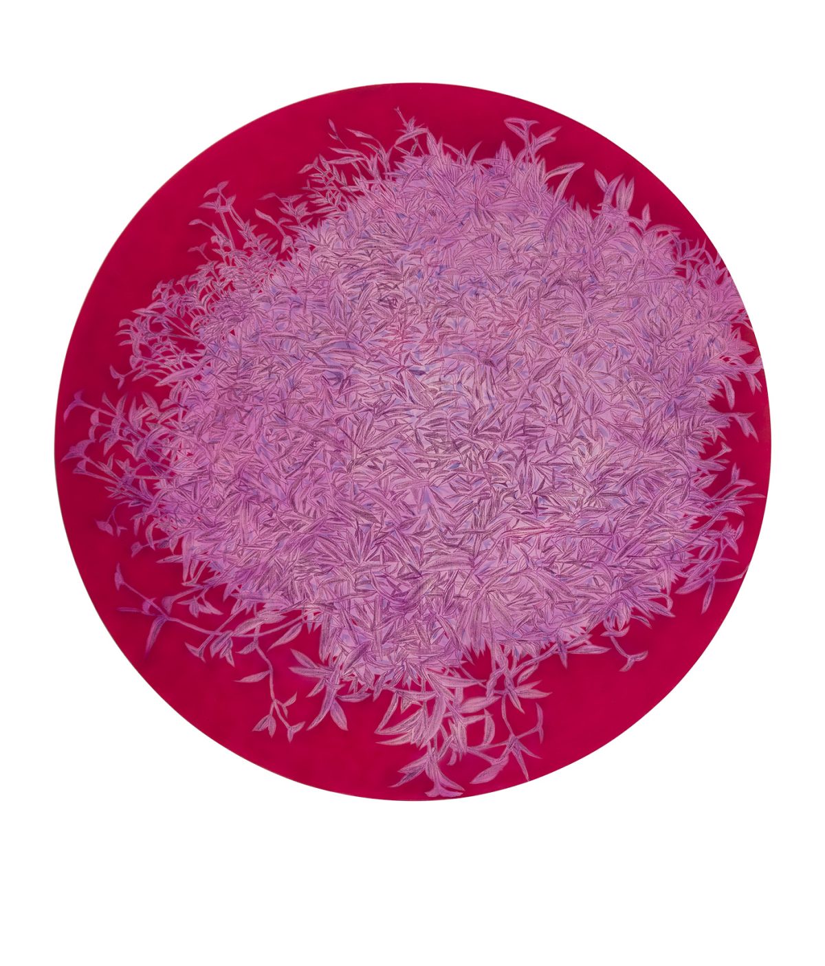 A circular composition in deep magenta and pale pink featuring densely layered linear marks radiating from the center outward, creating a textured, organic pattern that suggests movement or dispersal against the saturated background.