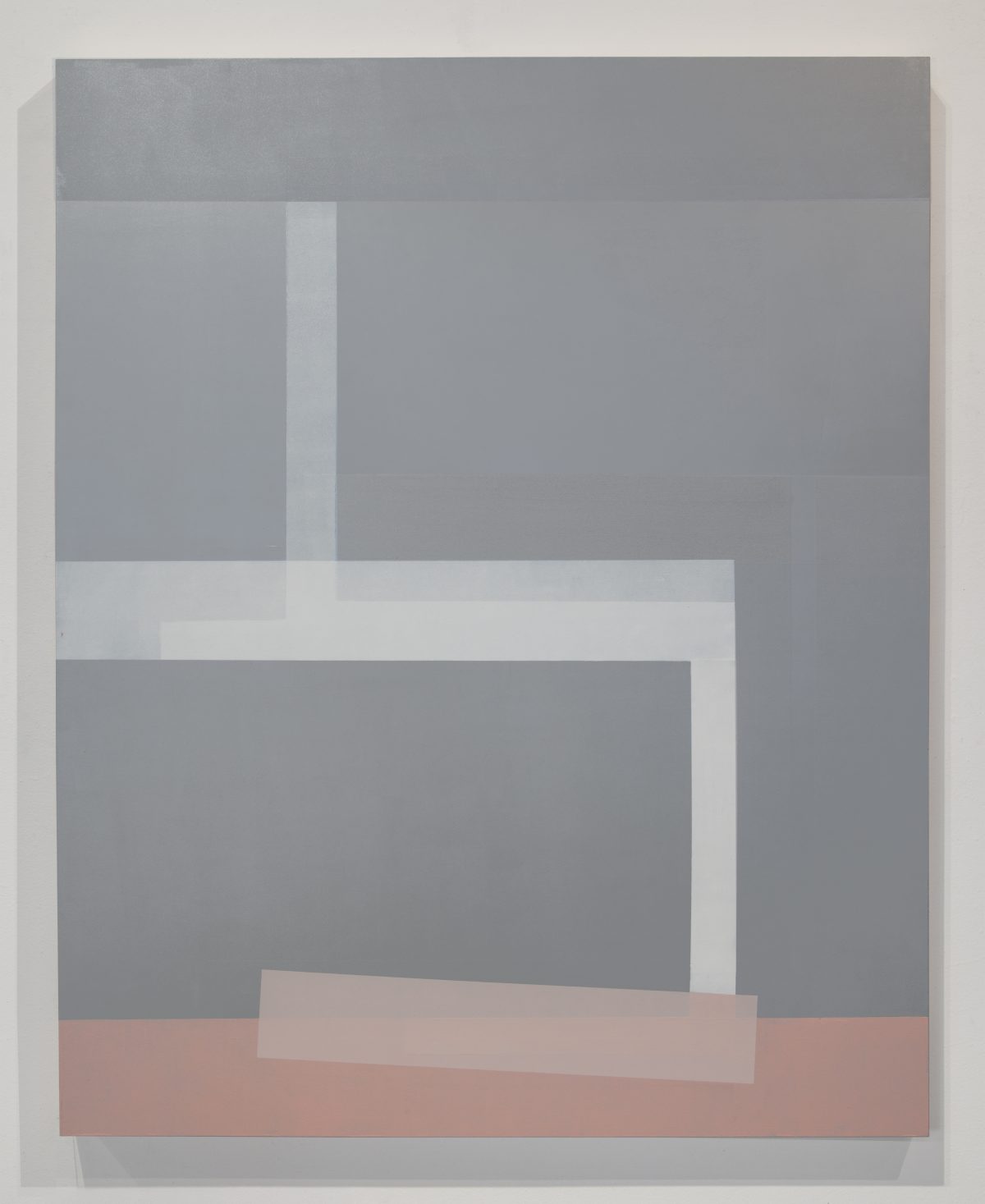 Abstract composition featuring geometric rectangular forms in varying shades of gray, white, and muted mauve, arranged in an overlapping, layered arrangement against a light neutral background. The subdued color palette and soft edges create a minimalist, contemplative aesthetic.