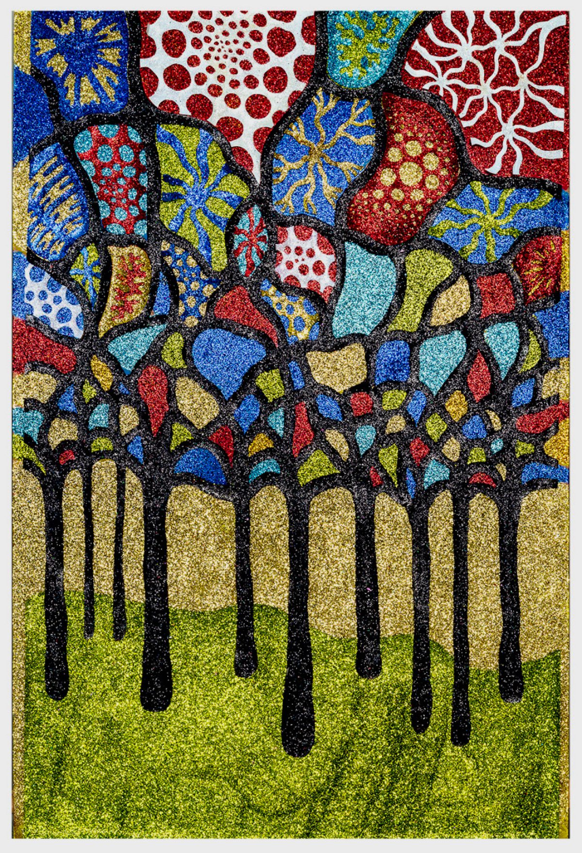 Vibrant mixed-media composition featuring a densely patterned upper section with colorful glittered shapes in blue, red, yellow, and cyan, adorned with ornamental motifs, transitioning into vertical black dripping forms that descend into a lime-green textured ground below.