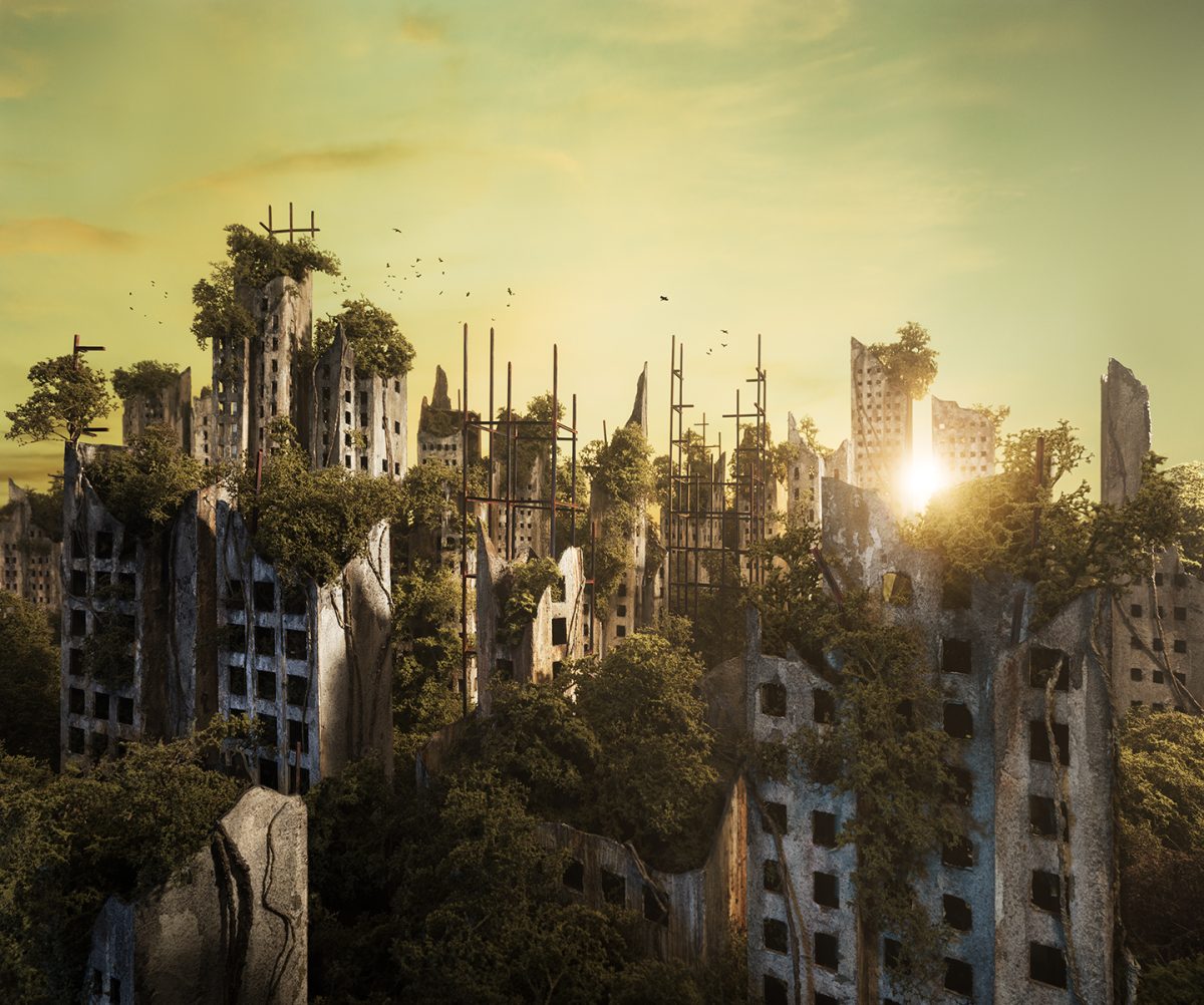 A post-apocalyptic cityscape depicting abandoned, crumbling high-rise buildings overgrown with lush green vegetation and trees, bathed in golden sunlight breaking through a hazy yellow-green sky. Skeletal metal scaffolding and frameworks protrude from the structures while birds fly overhead, creating a surreal vision of nature reclaiming an urban environment.