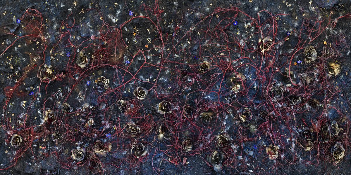 Dark textured surface densely covered with metallic gold and silver roses, intricate red vine-like lines, scattered stars, and luminescent blue accents, creating a layered, celestial composition with a mix of dimensional and flat elements.