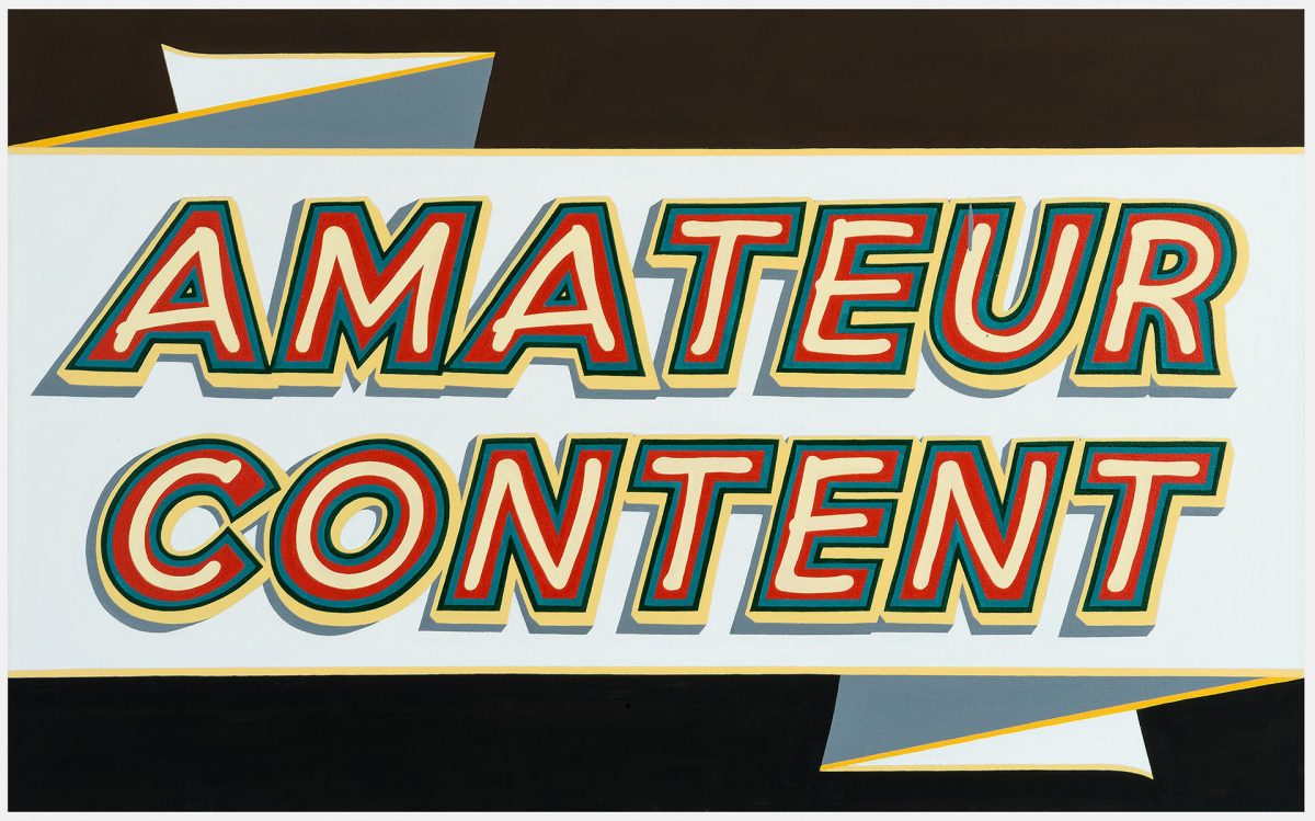 Retro-style text reading "AMATEUR CONTENT" in bold, layered letters with red, cream, and teal coloring outlined in gold, set against a light gray background with geometric black and blue shapes framing the composition at top and bottom.