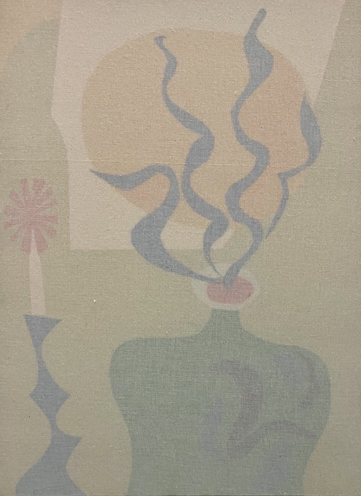 Abstract composition on linen featuring a large pale green rounded form at the base with delicate blue-gray wavy lines rising above it, accented with soft pink and red geometric shapes. The muted palette and translucent quality suggest the use of oil and gold leaf, creating a luminous, ethereal effect against the neutral background.