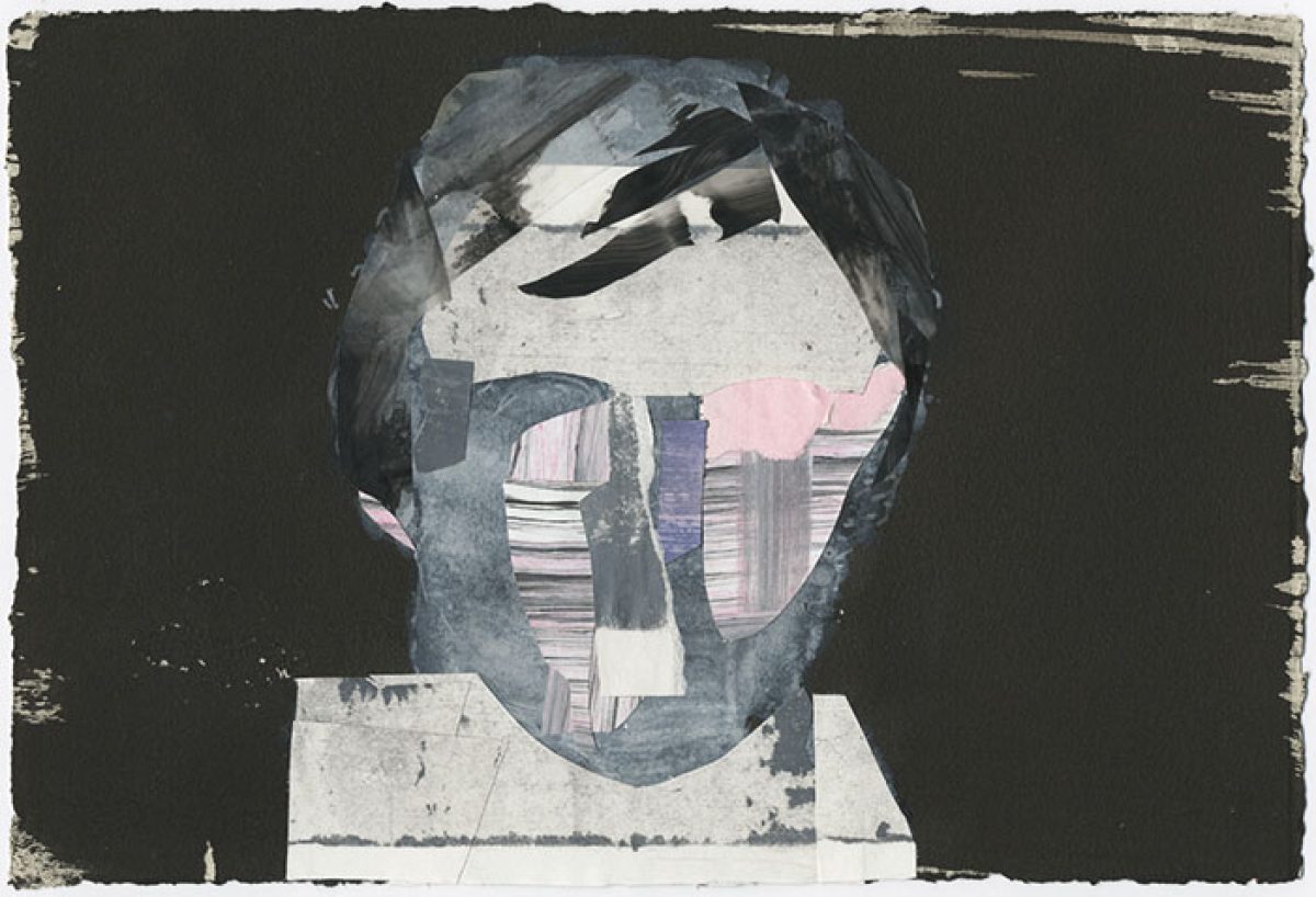 Abstract portrait bust rendered in acrylic on paper, featuring a fragmented face composed of layered geometric shapes in shades of blue, gray, white, and pale pink against a dark background, with visible brushstrokes and a distressed, collaged aesthetic.