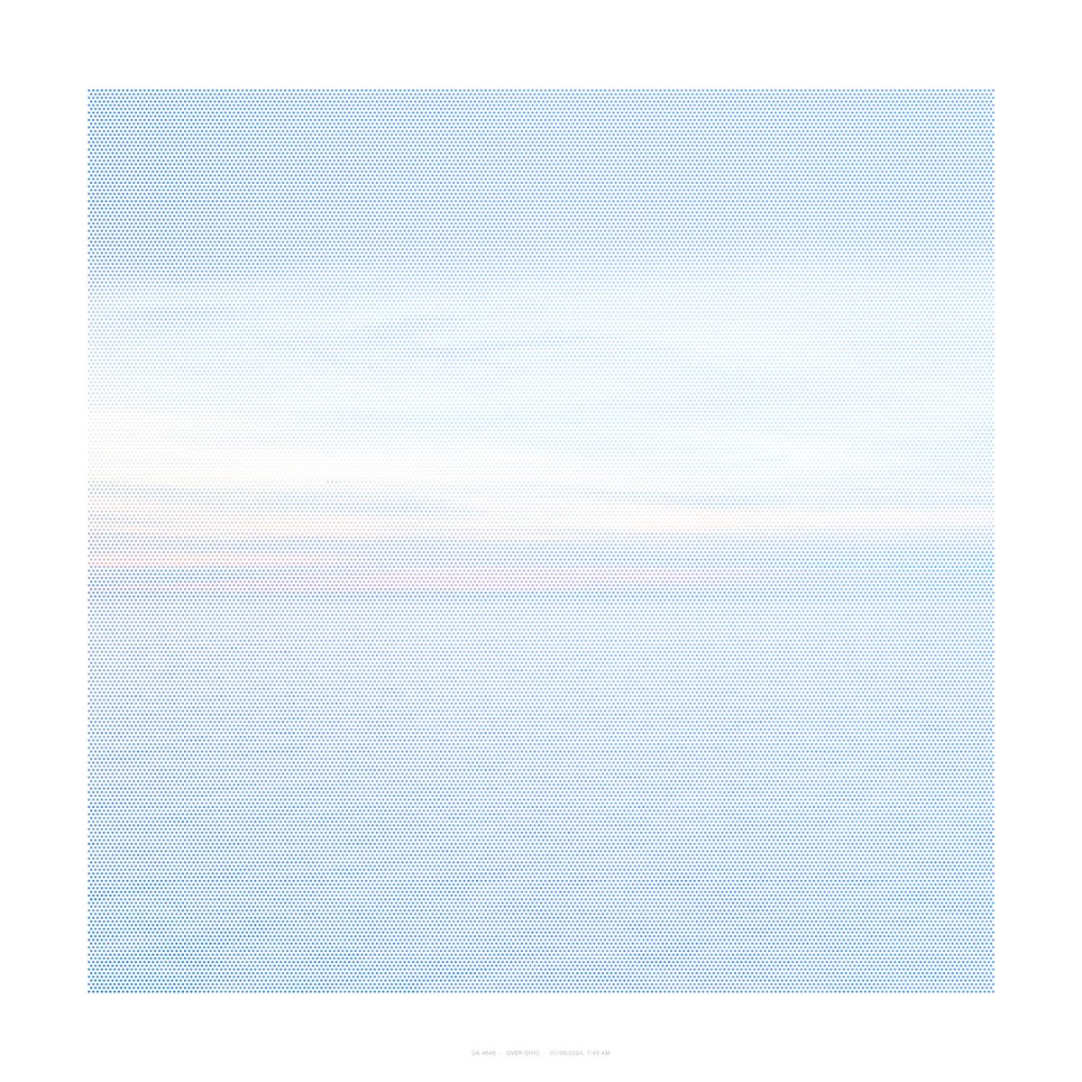 Aerial view of a vast landscape covered in a dense pattern of small blue dots, creating a gradient effect that transitions from deeper blue tones at the edges to lighter, nearly white tones toward the center, suggesting clouds or atmospheric conditions over a dotted terrain.
