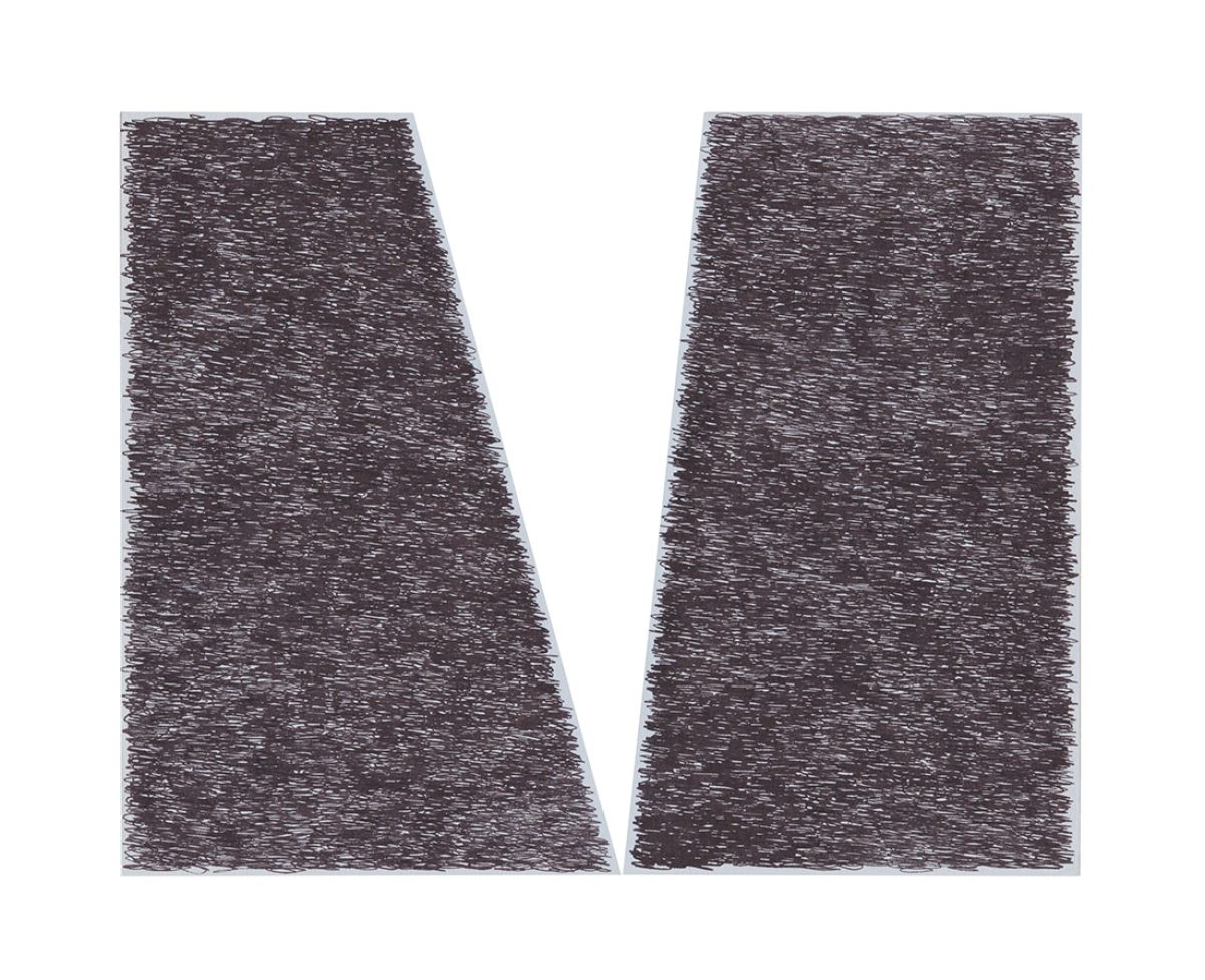 Two textured rectangular forms with tapered sides lean toward each other against a white background, their dark surfaces densely marked with linear hatching and gestural marks creating an organic, scribbled appearance.