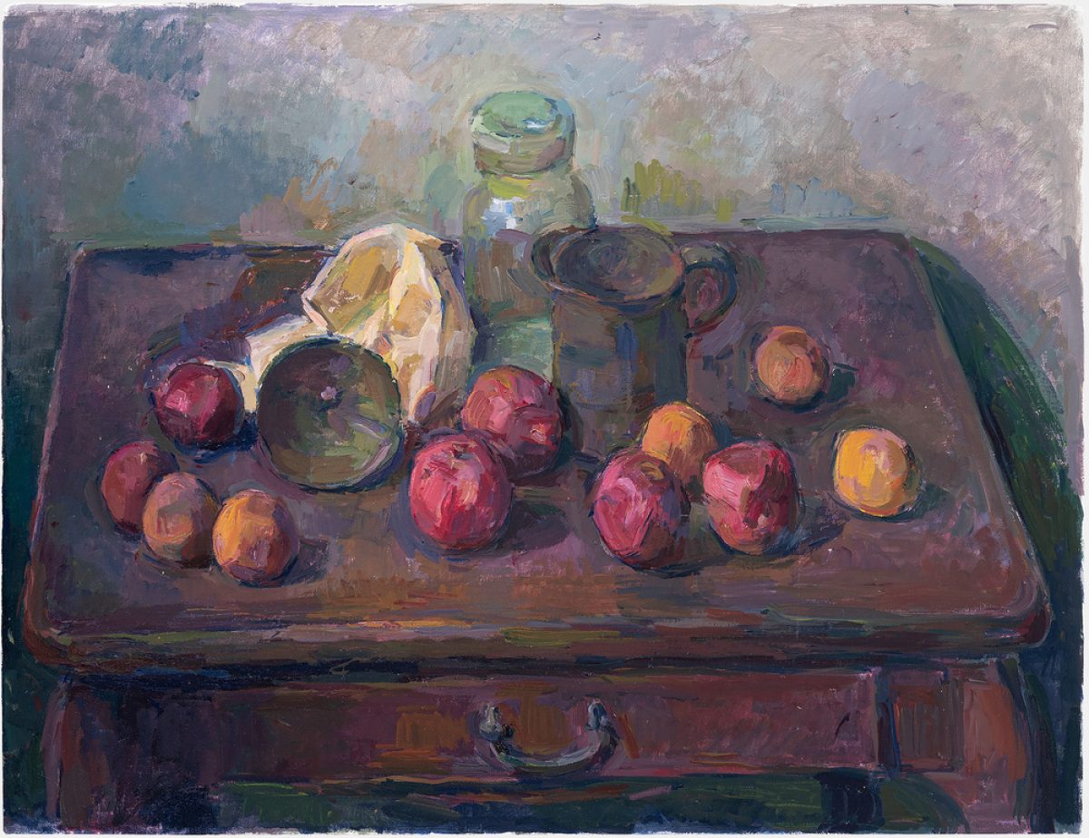 A still life composition featuring red and orange apples arranged on a dark purple table surface alongside a glass mason jar and metal pitcher. The objects cast soft shadows and are rendered in loose, expressive brushstrokes with muted earth tones and cool grays dominating the background.
