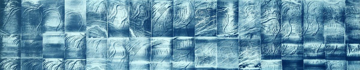 Grid of rectangular panels featuring abstracted topographical forms in shades of blue and white, with gestural linear marks suggesting flowing water and terrain. The composition creates a fragmented landscape view through repeating carved relief patterns across the arranged panels.