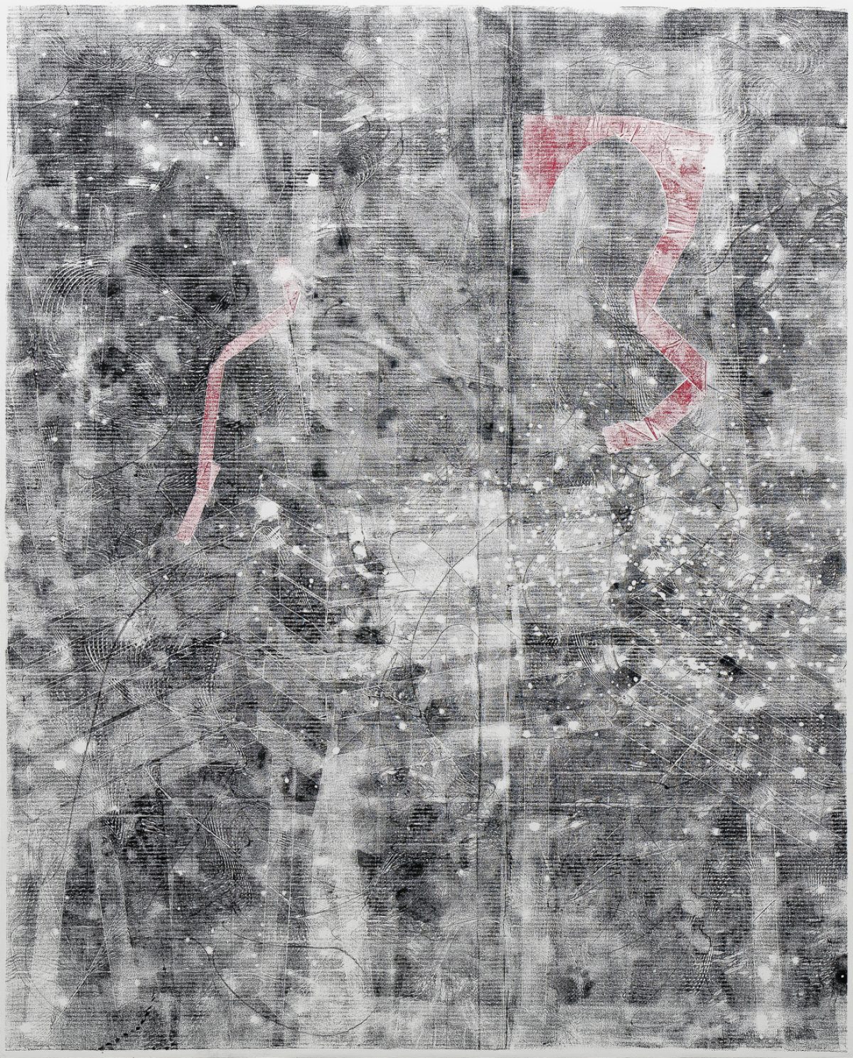 A two-panel abstract composition rendered in black, white, and gray tones with gestural mark-making and layered textures throughout. Bright red curved forms trace across both panels, creating a continuous visual pathway against the predominantly monochromatic, densely textured background.