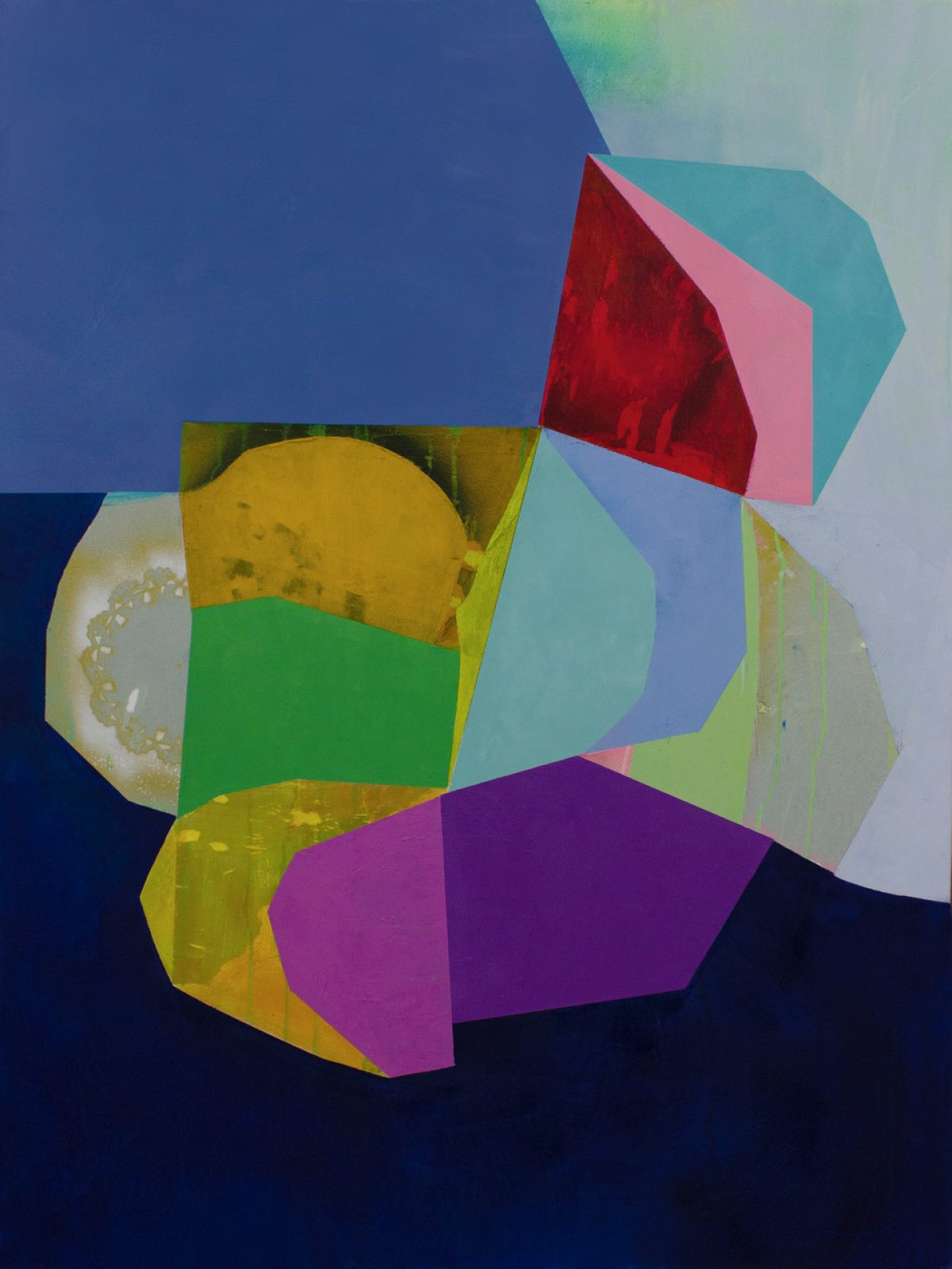 Abstract composition featuring overlapping geometric and organic shapes in vibrant colors including magenta, teal, yellow, red, and deep blue. Layered planes and curved forms create depth, with some elements appearing translucent or textured, set against a dark blue background.