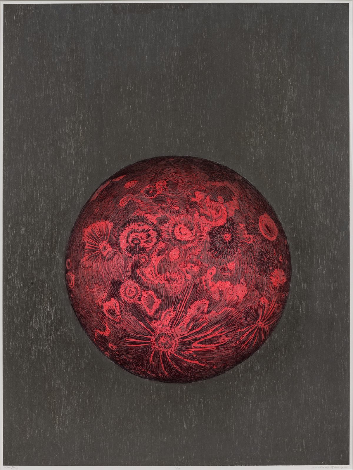 A deep red sphere densely covered with intricate circular and organic patterns rendered in fine linework sits centered against a dark gray textured background. The spherical form is rendered with careful shading to convey dimensionality, with radiating lines and detailed botanical or cellular-like motifs creating a complex, otherworldly surface.