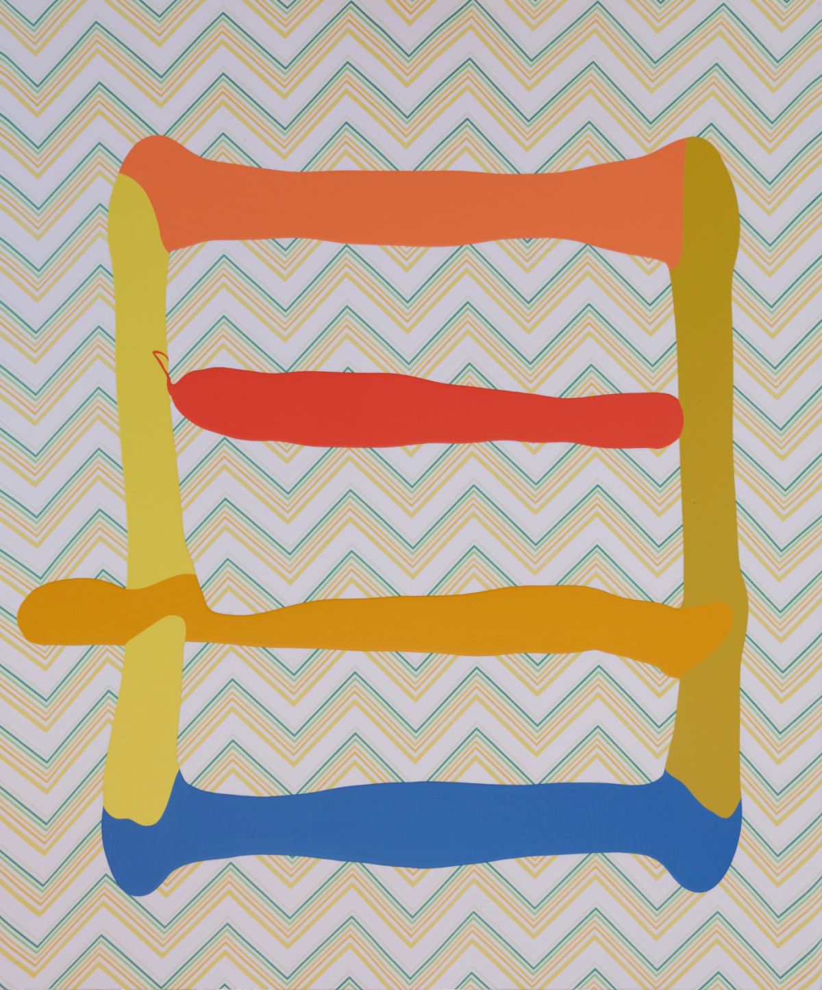A stylized ladder rendered in bright colors—yellow vertical supports, with horizontal rungs in orange-red, red, and blue—set against a background of repeating chevron stripes in soft pastels of lavender, yellow, green, and tan.