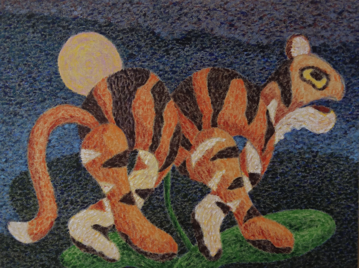 A stylized orange and brown orchid with striped petals dominates the composition against a textured dark blue background. A yellow moon glows in the upper left, while a small figure with an owl-like face peers from behind the flower on the right, rendered in warm earth tones with expressive brushwork.