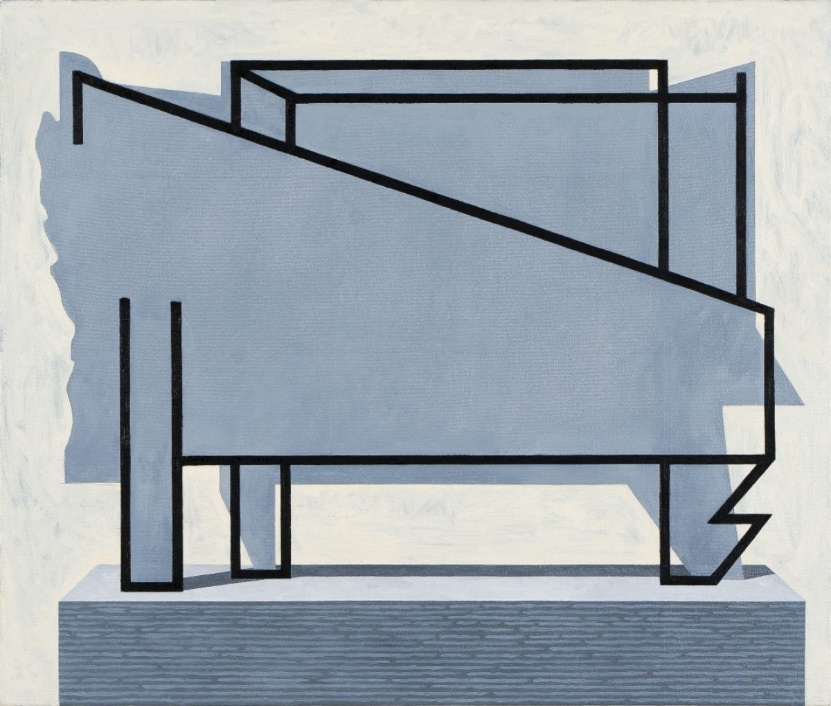 An abstract geometric composition in shades of blue and cream, featuring bold black linear outlines that form an architectural interior space. The layered planes suggest a modernist structure with angular walls and floor, creating a sense of depth and perspective through overlapping shapes and a restrained color palette.