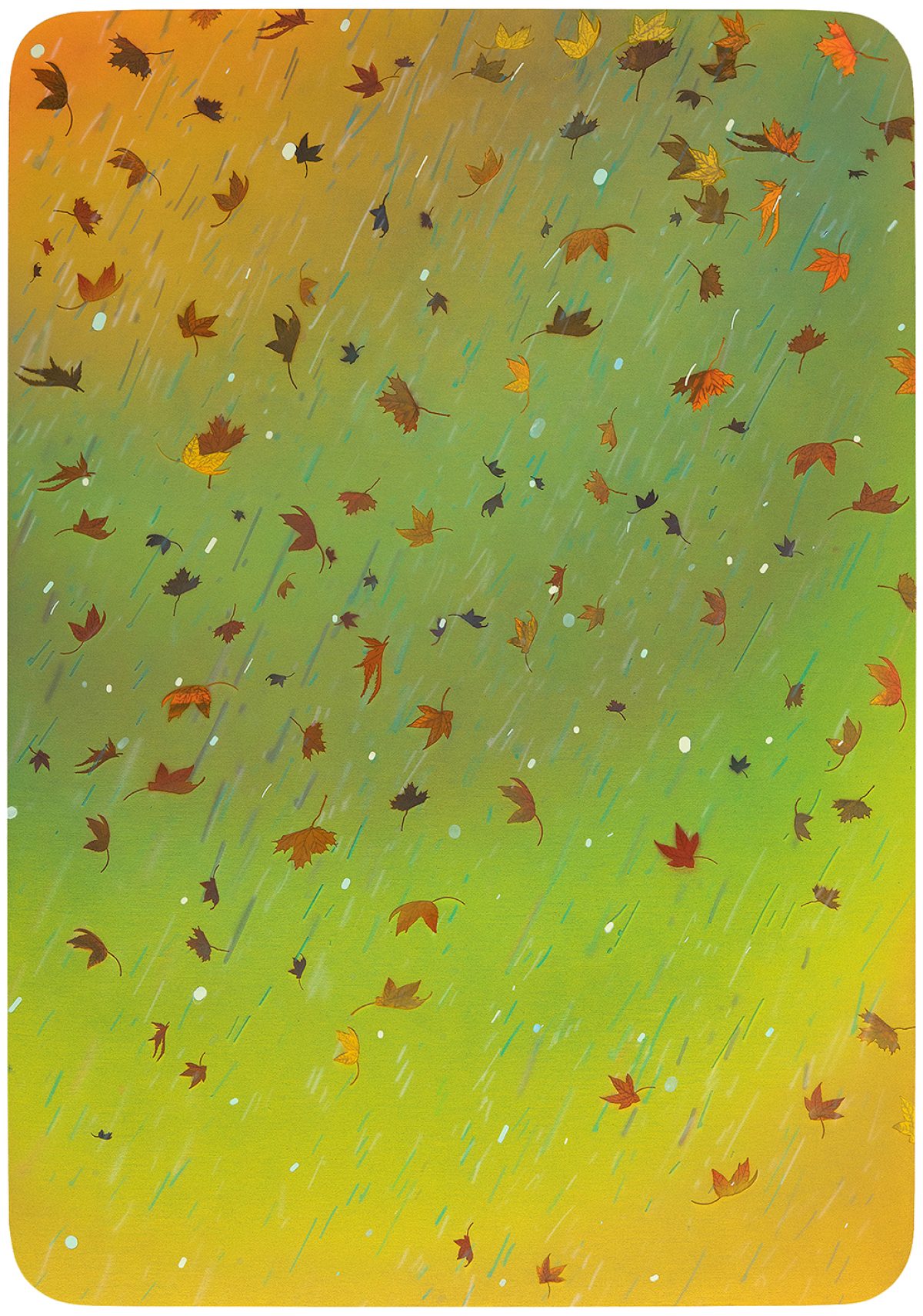 Autumn leaves in shades of red, orange, and brown fall diagonally across a gradient background that transitions from warm yellow at the bottom through green in the middle to golden orange at the top. White and pale blue accents suggest rainfall or atmospheric movement throughout the composition.
