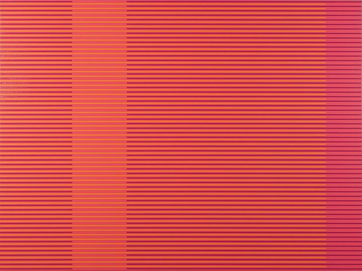 Horizontal stripes in shades of magenta, violet, and orange create a color-field composition across the surface. The stripes vary subtly in width and tone, producing a rhythmic optical effect that shifts between warm and cool tones from left to right.