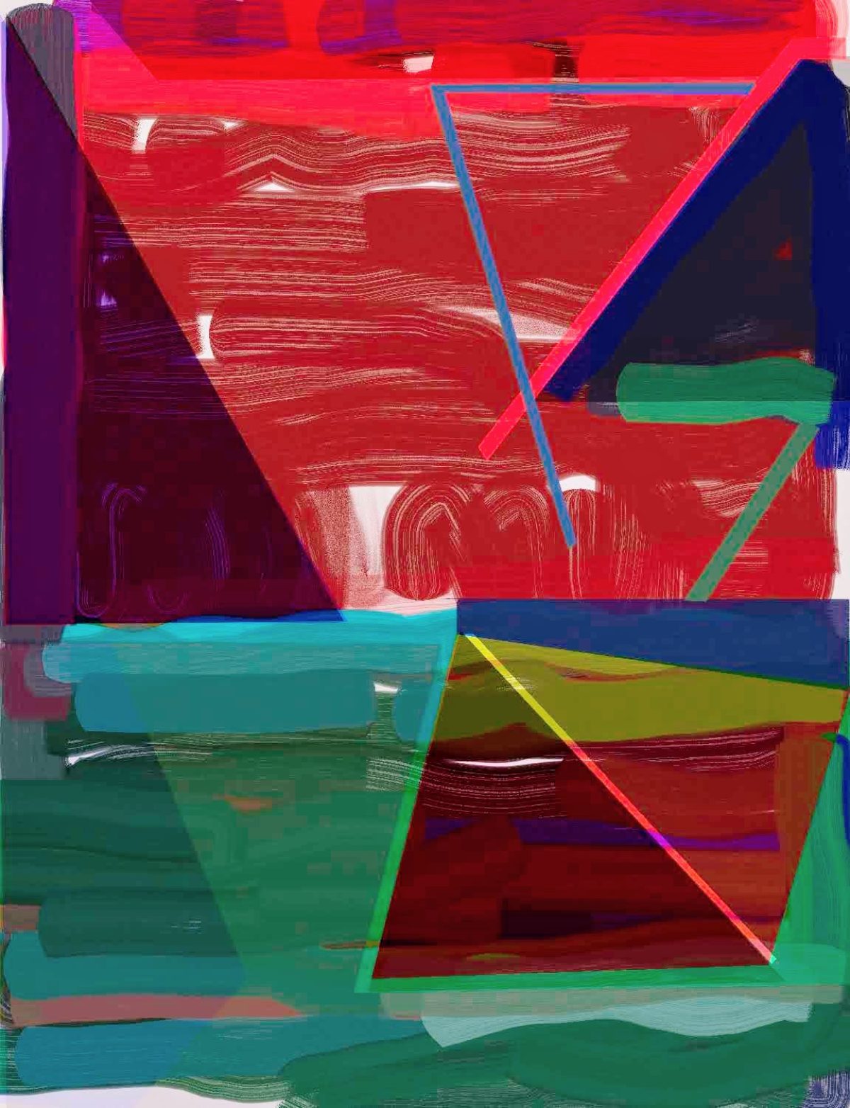 Abstract composition dominated by vibrant red brushwork with geometric overlays in cyan, dark blue, yellow, and green. Layered angular shapes and linear elements create dynamic spatial tension against the textured red background, with areas of translucent color interaction suggesting depth and movement.