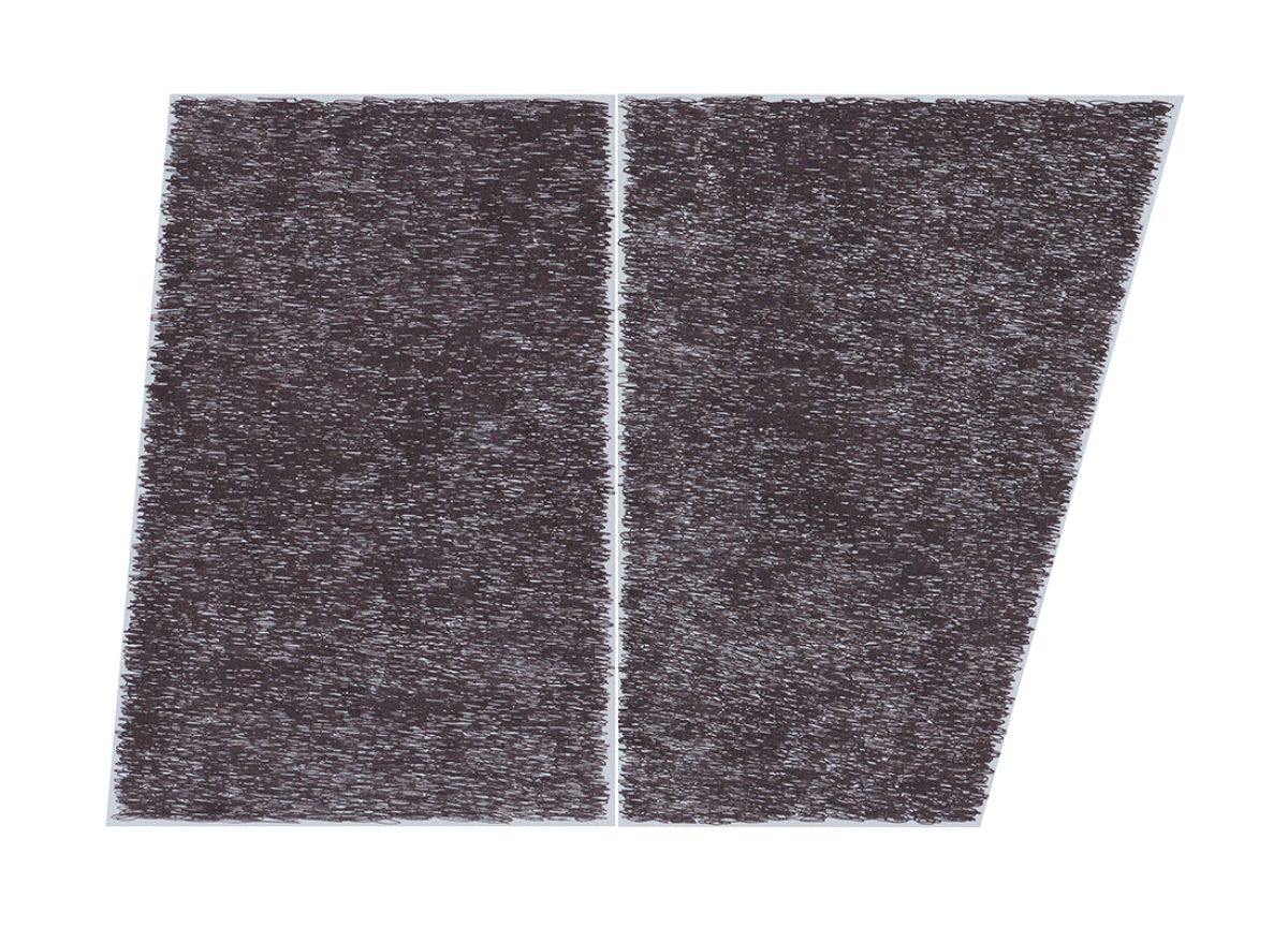 Two adjacent parallelogram-shaped panels filled with dense, horizontal ink marks creating a textured, scratched surface in shades of gray and black against a white background.