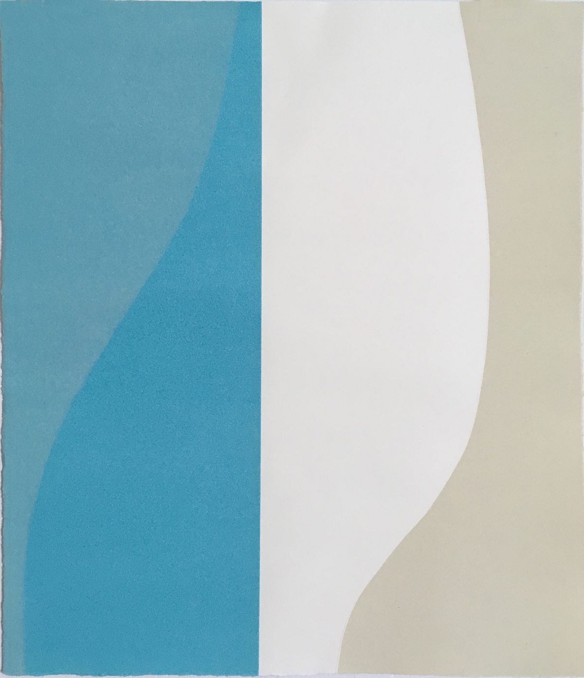 Three vertical color fields—teal blue on the left, off-white in the center, and pale khaki on the right—are divided by subtle curved forms that create a sense of movement and depth. The composition demonstrates a minimalist aesthetic with soft gradations and overlapping planes suggesting dimensionality.
