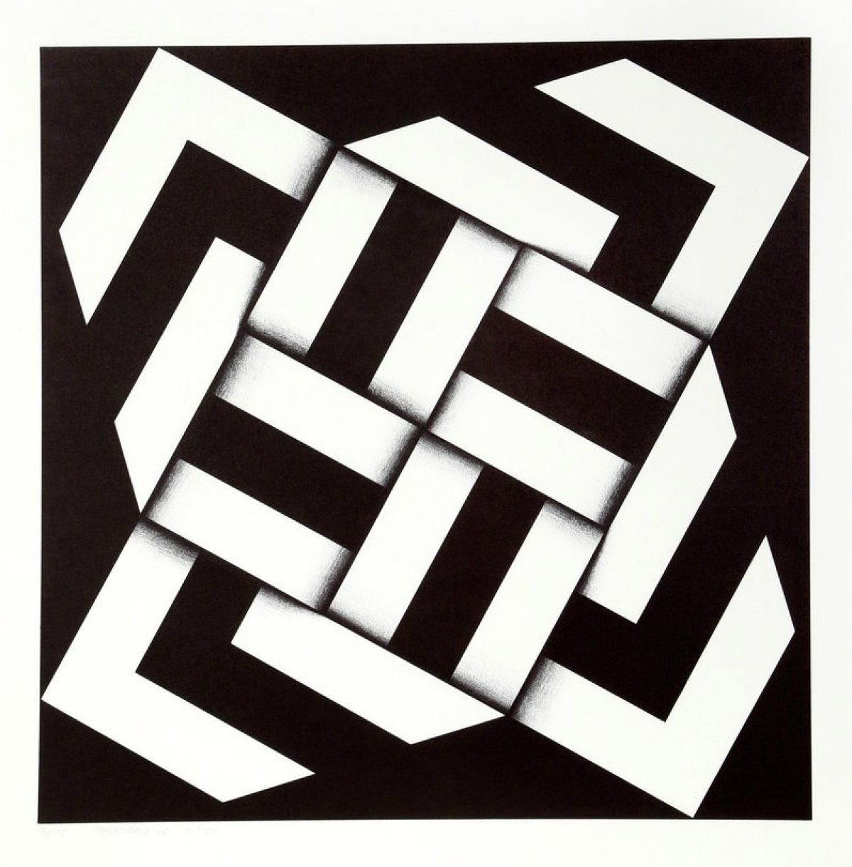 Black and white geometric screenprint featuring interlocking white rectangular bands arranged in a woven pattern against a dark background, creating an illusion of three-dimensional depth through overlapping forms and subtle shading along the edges.