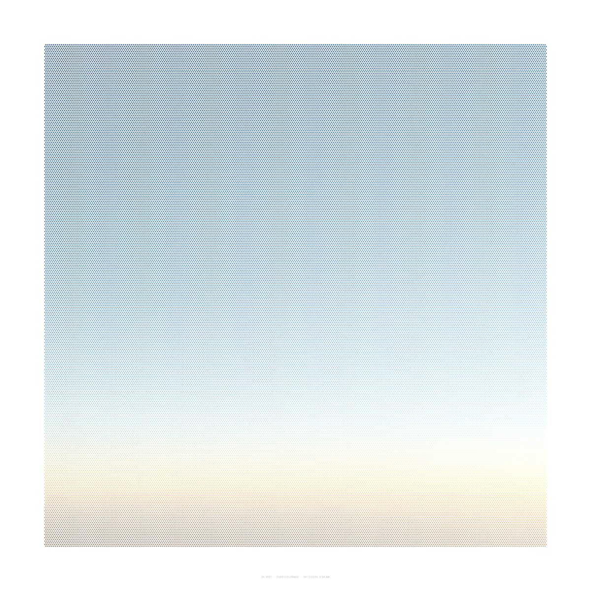 A large-scale gradient composition featuring a subtle transition from deep blue-grey tones in the upper portion to warm cream and pale peach hues in the lower section, created through a dense pattern of small dots that shift in color and density across the work.