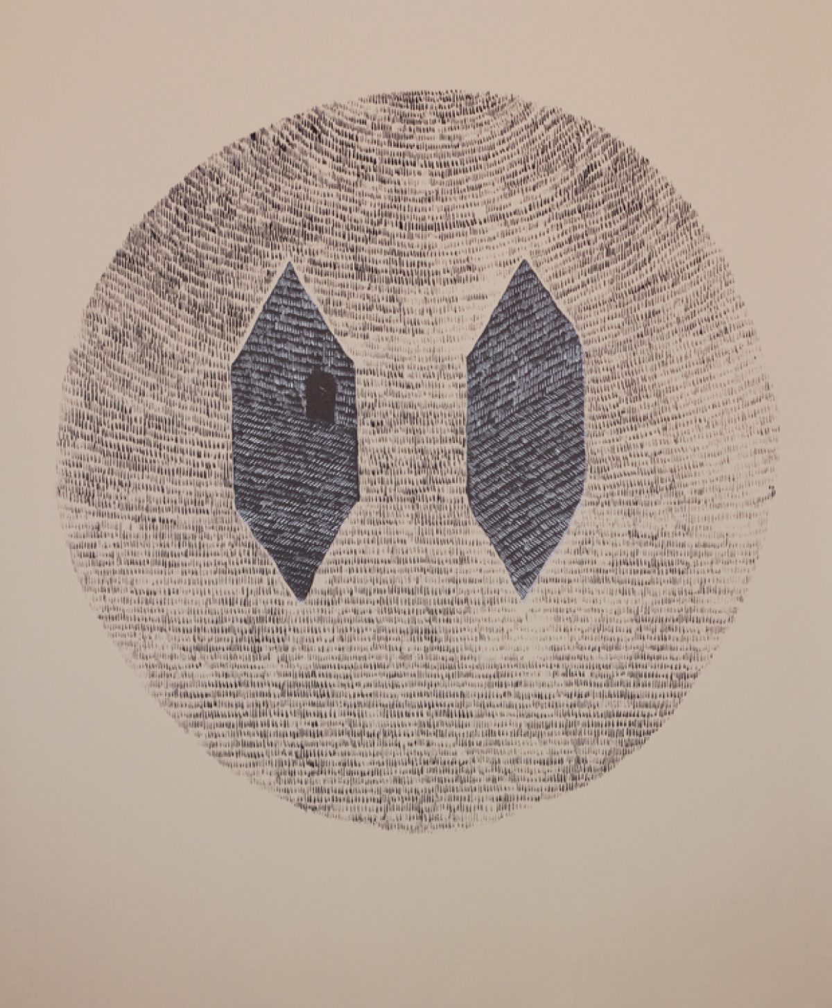 A spherical composition rendered in densely layered text or marks in graphite and silver ink, with two dark diamond-shaped voids positioned symmetrically within the center, creating an austere, mask-like appearance.