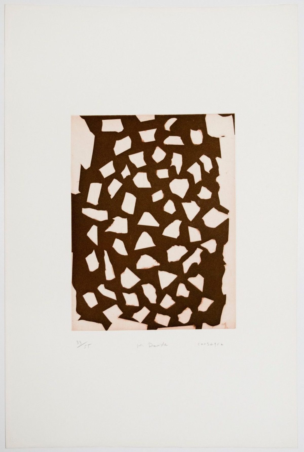 Abstract composition of dark brown irregular fragments scattered across a light cream background, creating a fragmented, interlocking pattern that suggests a divided or shattered form.