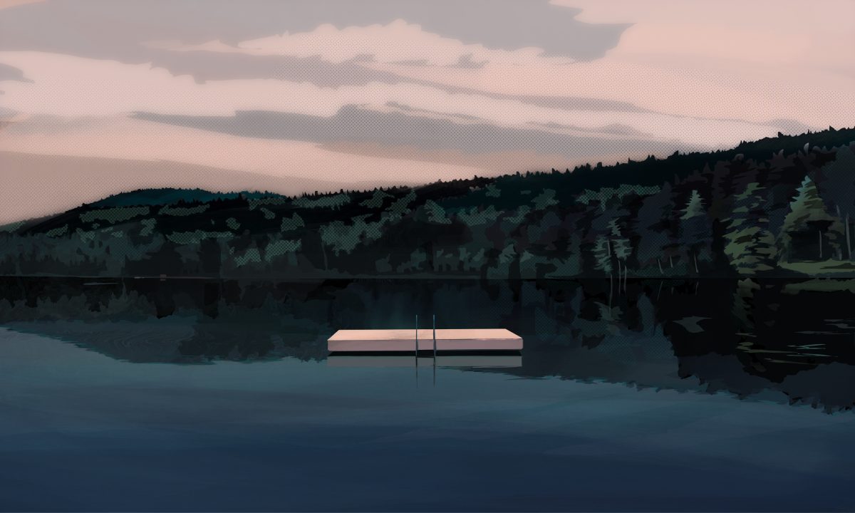 A serene landscape depicts a calm lake at dusk with a solitary rectangular platform floating in the center, illuminated in soft pink tones. Dense evergreen forests line the far shoreline beneath a pale, cloud-streaked sky, rendered in muted greens, blues, and grays with a contemplative, digital painting aesthetic.