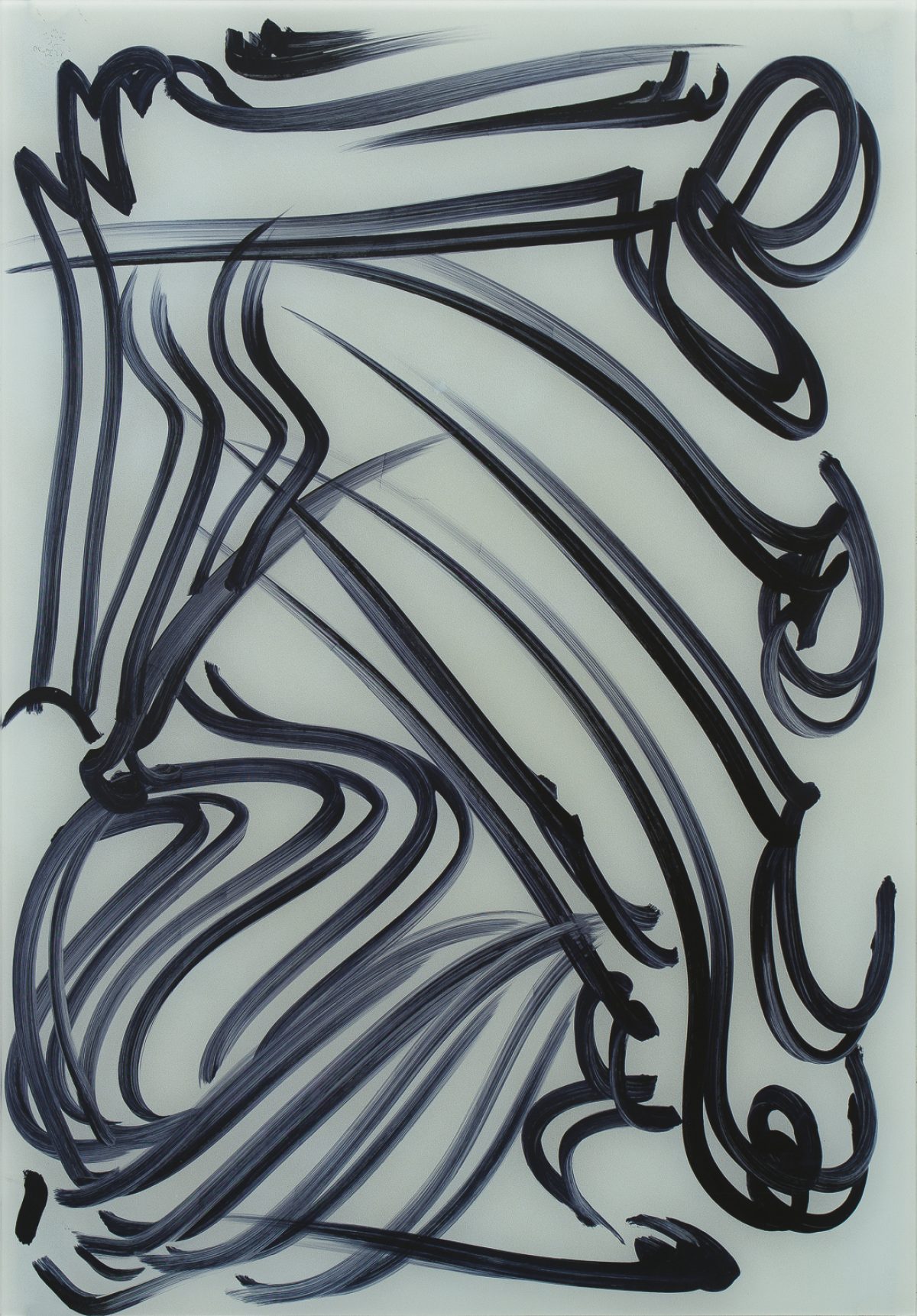 Abstract composition of bold, sweeping black and dark blue brushstrokes on a white ground, featuring looping organic forms and gestural linear elements that create a dynamic, rhythmic pattern across the rectangular canvas.