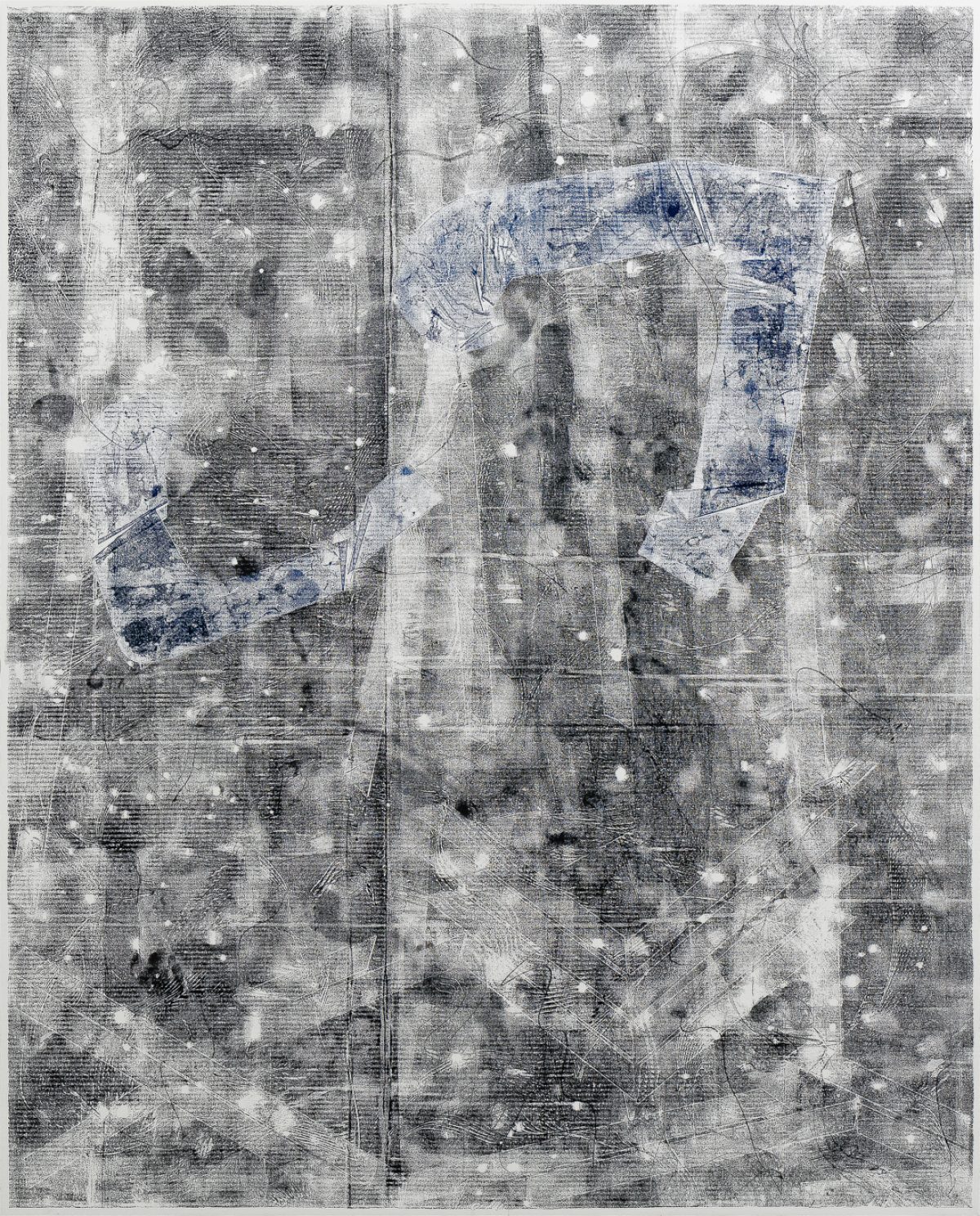 A two-panel diptych featuring densely layered text and gestural marks in black, white, and blue across a light gray ground. The composition is heavily abstracted with overlapping linear patterns, organic forms, and areas of translucent blue that create depth and movement across the canvas surfaces.