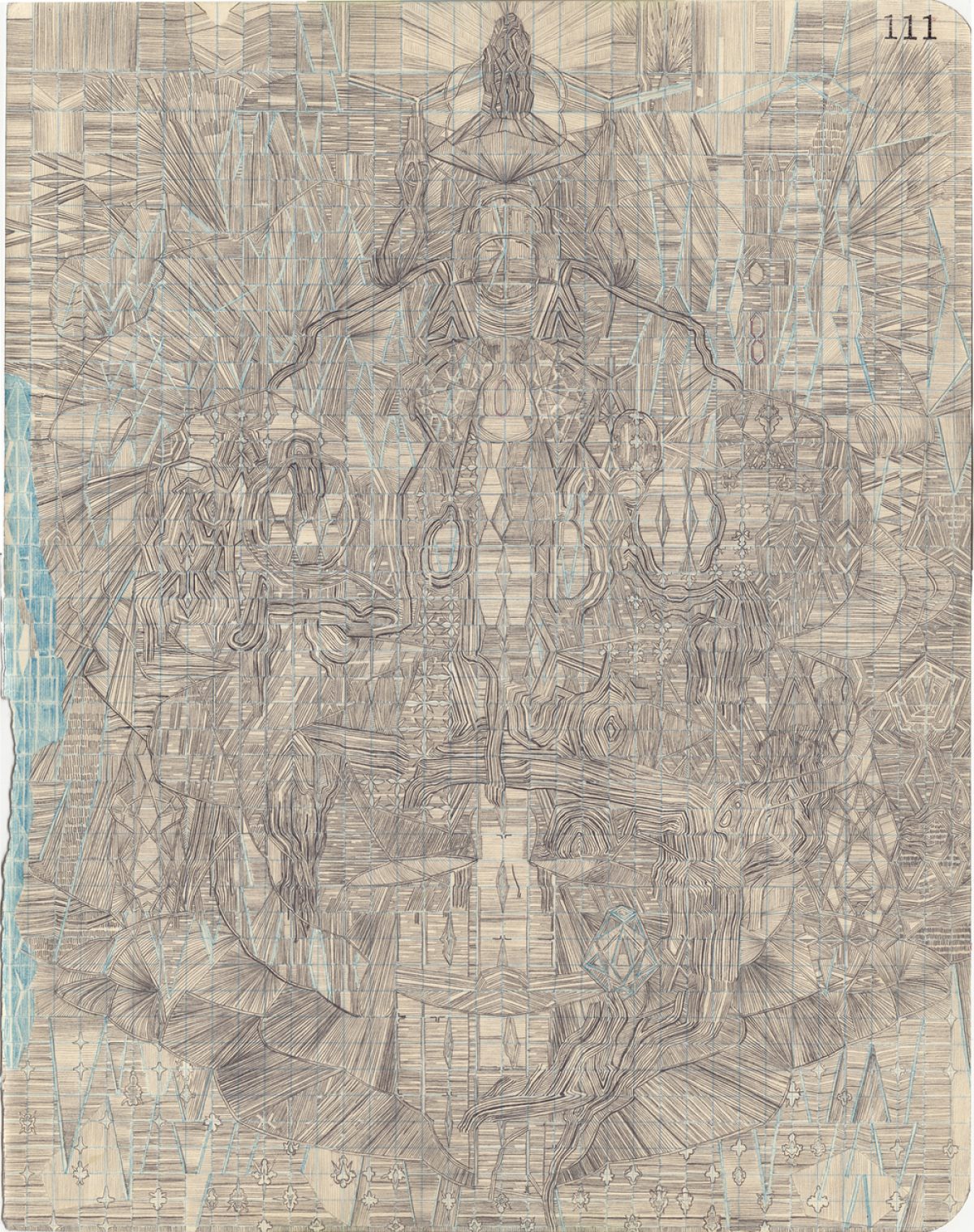 Intricate graphite drawing on tan paper featuring a densely layered, symmetrical composition of intertwining figures and architectural forms radiating outward from a central vertical axis. Fine linear hatching throughout creates a complex, maze-like pattern with touches of blue watercolor or ink applied to the left edge and lower portions of the work.