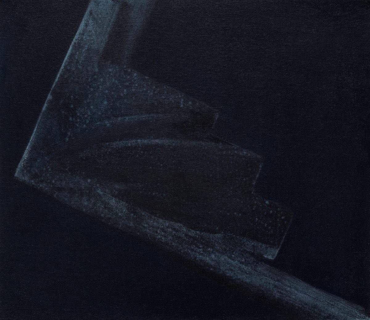 Abstract composition in deep navy and charcoal tones depicting geometric forms that suggest architectural or sculptural elements, with layered planes and subtle textural variations creating depth against a dark background.