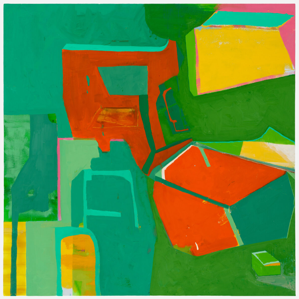 Abstract composition featuring overlapping geometric shapes in vibrant colors including bright greens, reds, oranges, and yellows. Layered rectangular and angular forms create a dynamic three-dimensional effect against a predominantly green background, with visible brushwork and paint texture throughout.