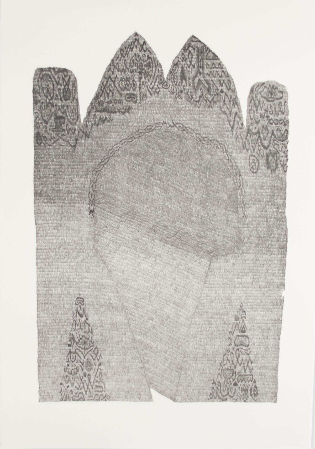 A monochromatic print depicting four vertical architectural forms with decorated peaked tops arranged like stylized towers or buildings. The composition features intricate patterned details along the upper edges and lower sections, with a large blank central area creating negative space between the structures.