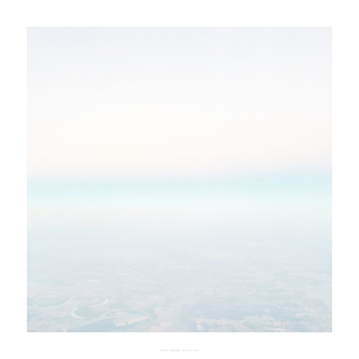 A minimalist composition divided horizontally into two sections: the upper half features a subtle gray dotted pattern that gradually transitions to white, while the lower half shifts to pale blue tones, creating a soft gradient effect across the entire surface. The work employs a fine halftone or dot-matrix aesthetic that suggests atmospheric conditions or satellite imagery.