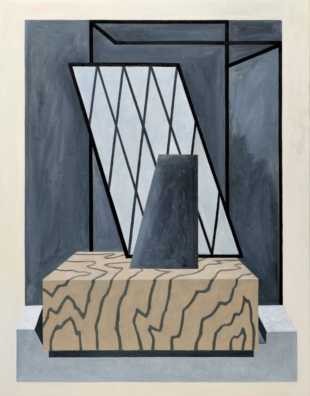 An abstract geometric composition featuring a dark gray interior space with a tapered light gray column at its center. The back wall displays a pattern of intersecting black lines creating diamond shapes against a pale background, while the foreground shows a tan platform with wavy linear markings. The composition is defined by bold black outlines and a restrained palette of grays, blacks, and muted earth tones.