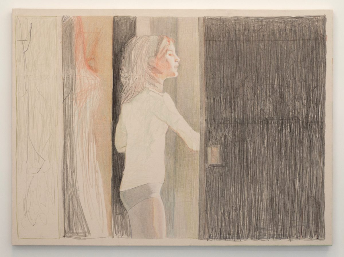 A figure with long blonde hair stands in profile facing right, wearing a white long-sleeved shirt and gray underwear. The composition features vertical striations in charcoal and graphite creating an abstract architectural or interior space around the central figure, with areas of warm peach tones contrasting against cool grays and blacks.