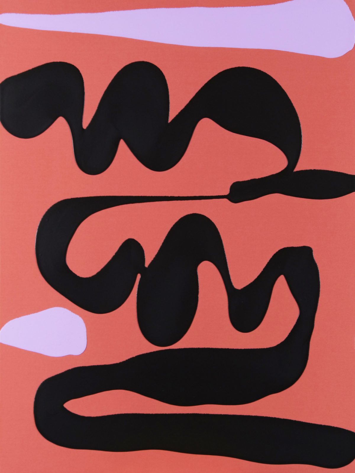 Abstract composition featuring organic, undulating black shapes against a warm coral-red background, with pale lavender accents in the upper right and lower left corners. The flowing forms create a rhythmic, gestural composition reminiscent of modernist abstraction.