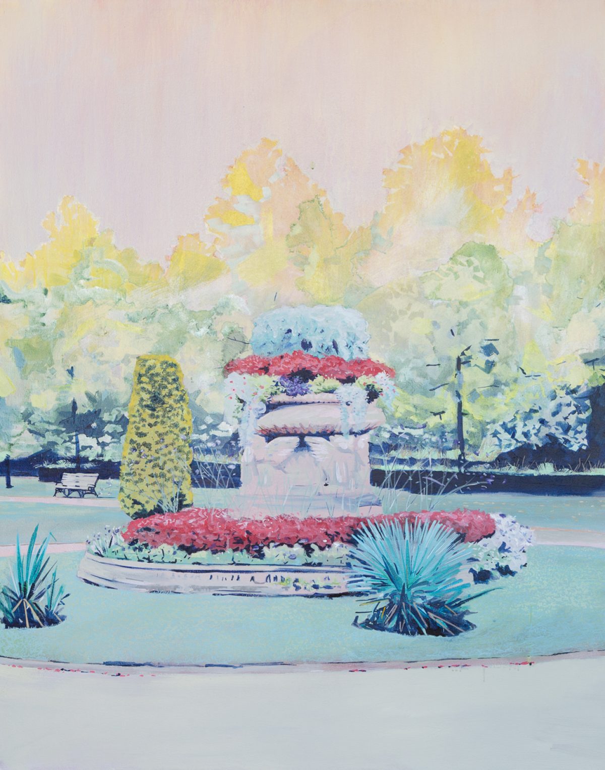 Watercolor-style painting of a formal garden landscape featuring a tiered planter with red flowers at center, surrounded by manicured beds of blue, pink, and white blooms. Tall yellow-green trees create a luminous canopy in the background, while the composition employs soft pastels and translucent layers of blue, yellow, and green across the entire scene.