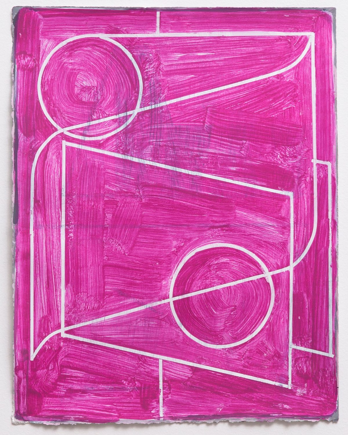 Vibrant magenta acrylic painting featuring white linear outlines creating geometric forms including two circles connected by curved lines against a richly textured brushstroke background. The composition is framed by a white rectangular border within the canvas.