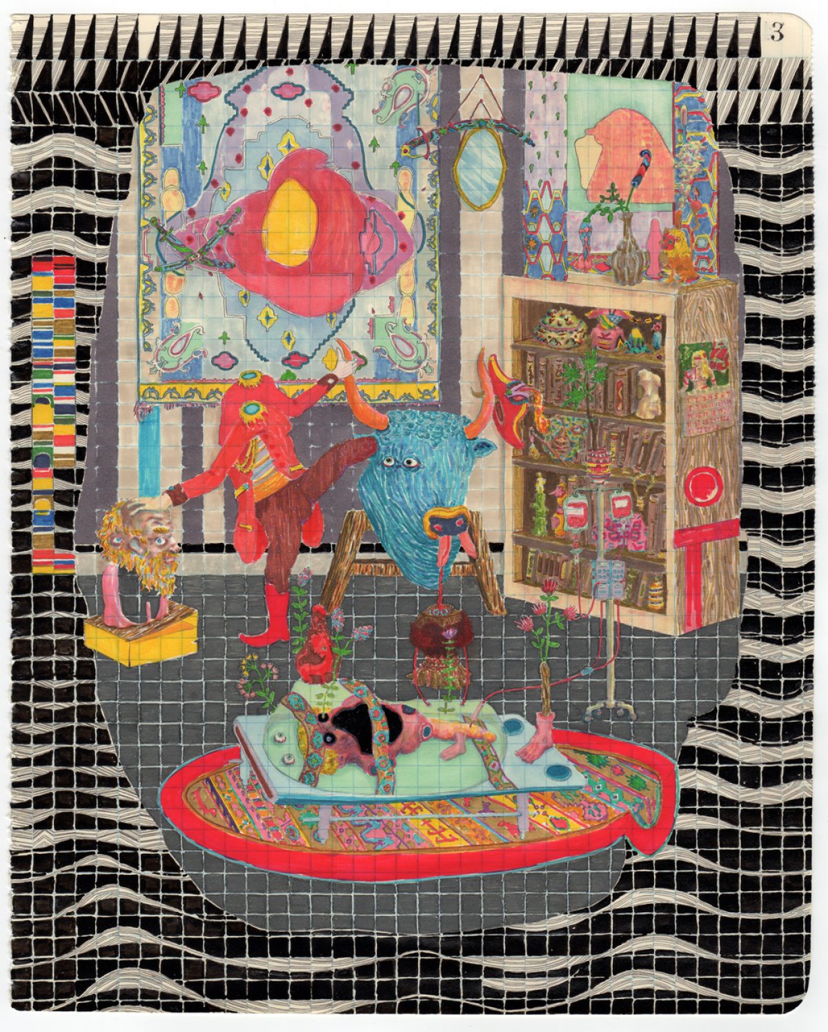 A vibrant, intricately detailed drawing on paper depicting a fantastical interior scene with whimsical creatures and ornate furnishings. The composition features a colorful blue horned figure in red clothing, a patterned animal resting in a decorative red vessel, decorative wall hangings, shelving filled with objects, and a large glowing red doorway or window, all rendered in vivid jewel tones against a dark grid-patterned floor, with a colorful stripe palette visible along the left edge.