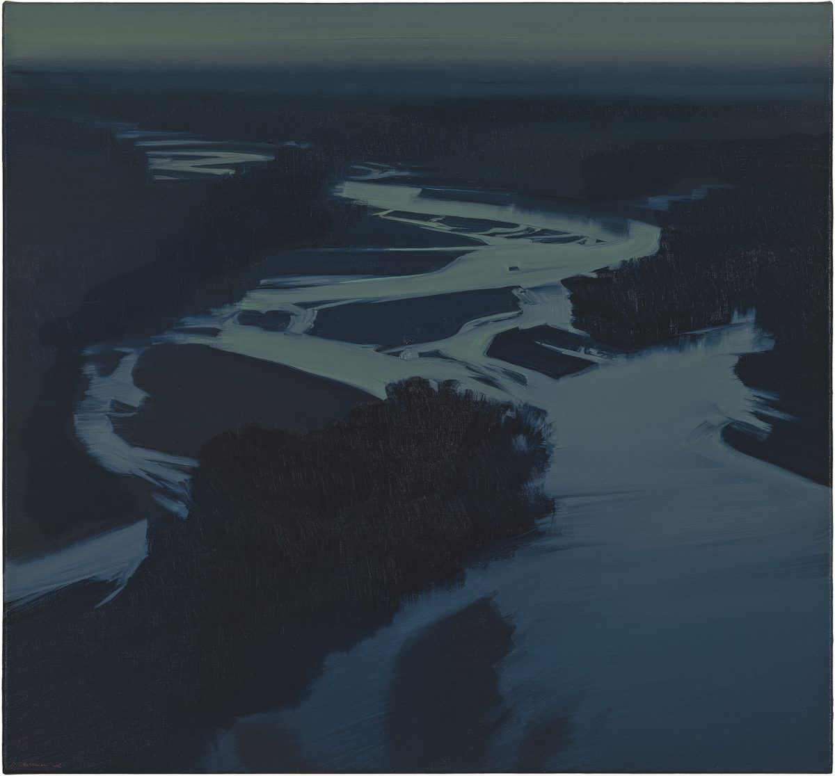 Aerial view of a winding river with pale, luminous water cutting through dark forested landscape. The composition features stark contrast between the bright, serpentine waterway and the surrounding dense woodland rendered in deep blues and blacks, creating a moody, atmospheric nocturnal scene.