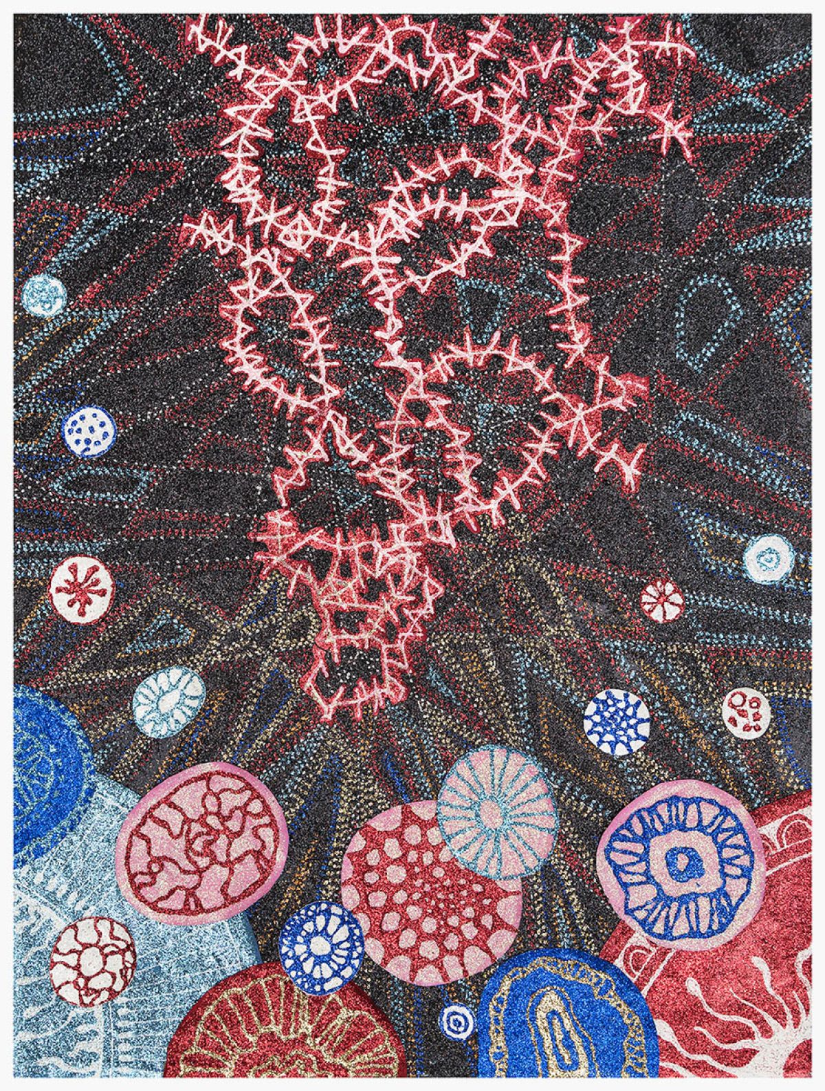 An intricate mixed-media composition featuring a central branching tree form rendered in neon pink against a dark, densely textured background dotted with red, blue, and gold particles. The lower portion displays larger circular biological or microscopic forms in red, blue, and cream tones with radiating line patterns, creating a layered effect that suggests growth, connection, and organic complexity.