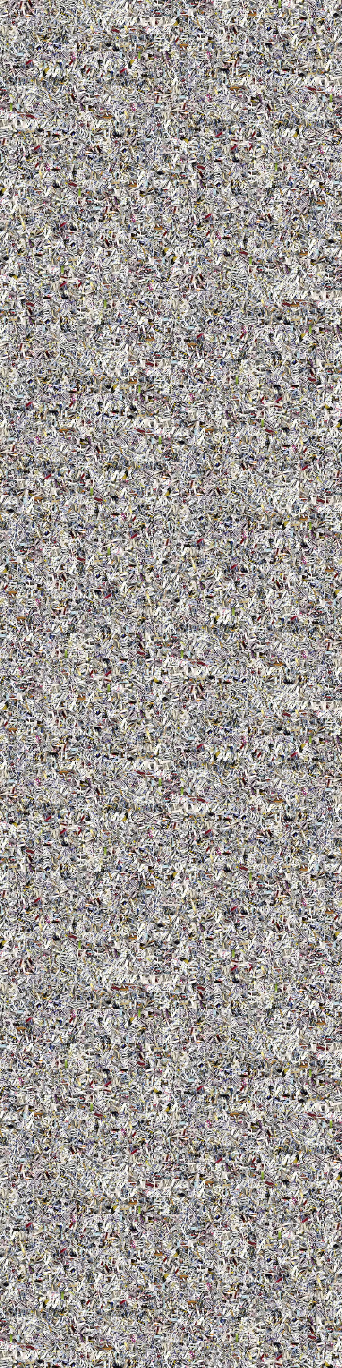 A densely layered abstract composition filled with intricate gestural marks, fragmented text, and overlapping linear elements in muted tones of gray, purple, olive, and cream. The surface appears chaotic and highly textured, with no clear focal point, creating an all-over pattern that suggests accumulated marks or collaged fragments compressed into a unified field.