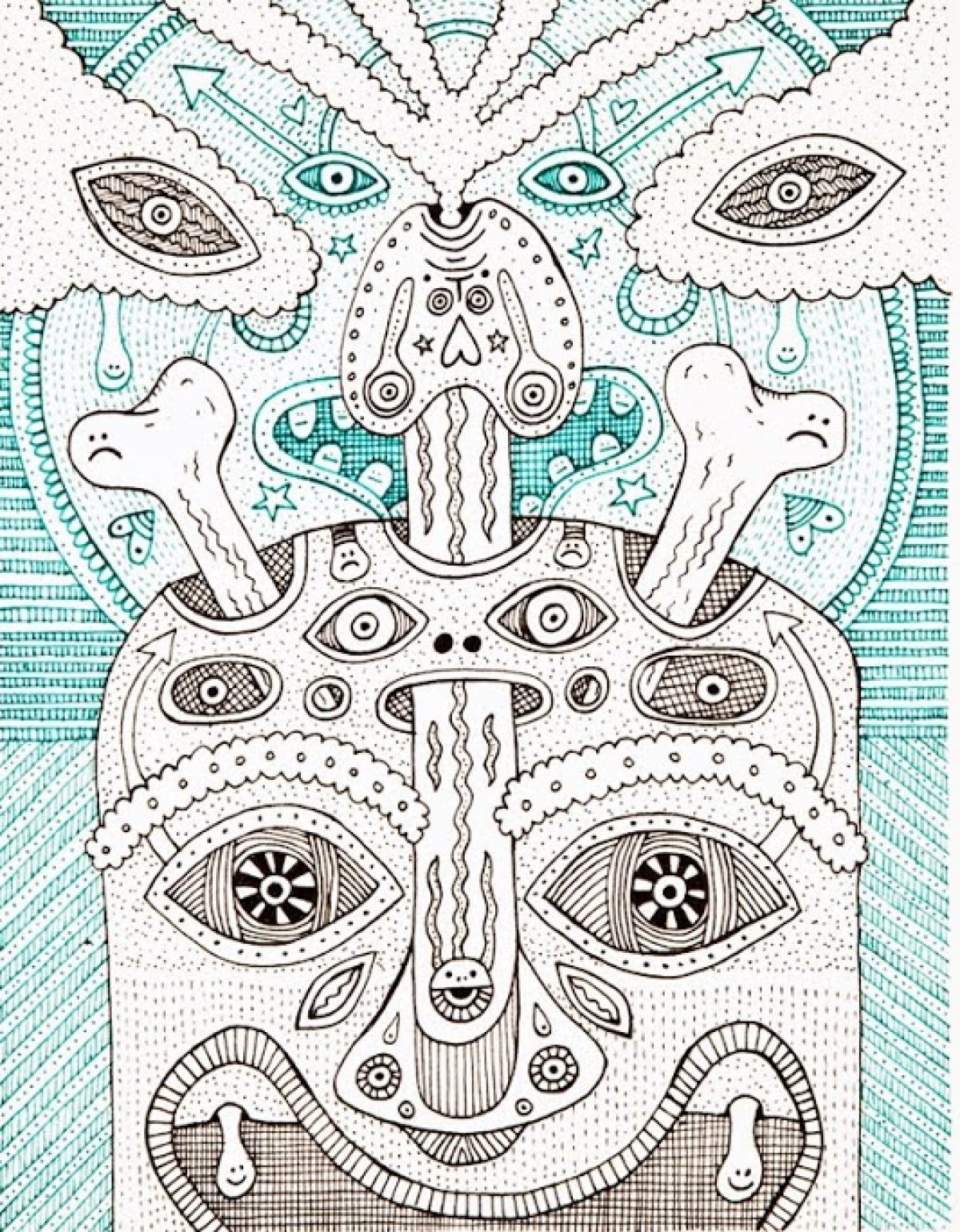 Intricate black and turquoise ink drawing featuring a symmetrical, totem-like composition of stacked faces and eyes rendered in detailed line work and patterns. The layered design combines organic forms with geometric textures, creating a meditative, mask-like structure that extends vertically across the paper.