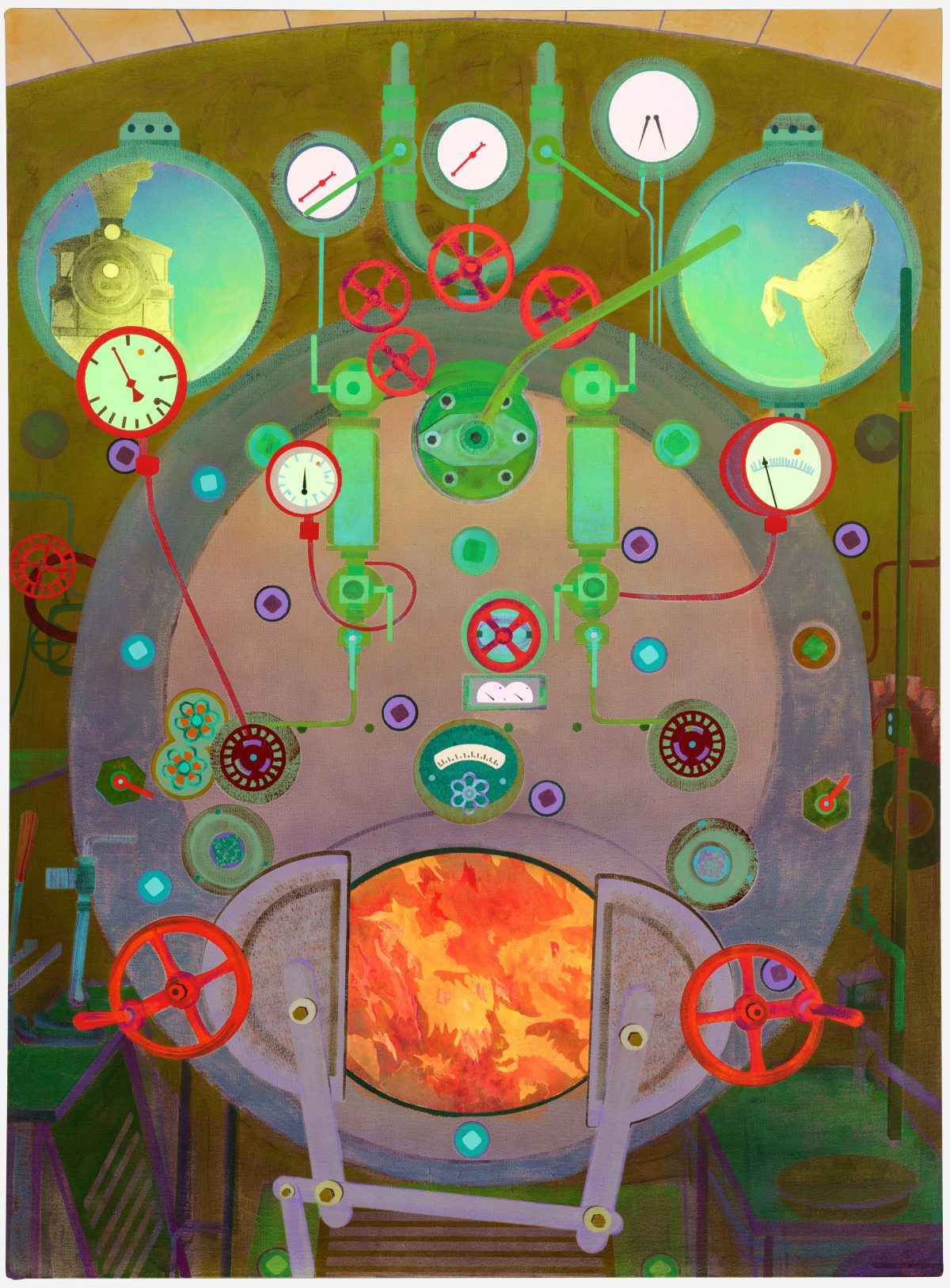 An intricate mechanical illustration featuring a large furnace with glowing orange flames at its center, surrounded by an elaborate system of interconnected gears, pipes, gauges, and control mechanisms in shades of green and red. At the top, two circular windows display a clock tower and a golden horse against turquoise skies. The composition employs a symmetrical, steampunk-inspired aesthetic rendered in vibrant acrylic colors against a muted olive and purple background.